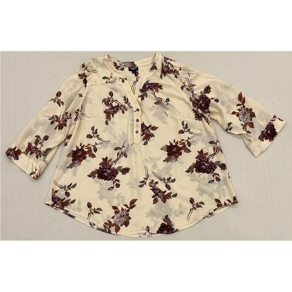 Torrid Blouse Pullover Challis Floral Tan Roll Tab Sleeve Sz 1 - Picture 2 of 9
